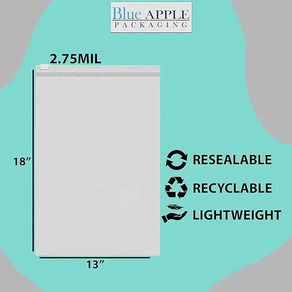 13X18 inches Resealable Poly Bags With Slide Seal 2.75 Mil (LDPE)