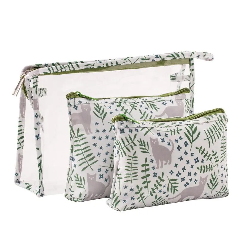 3 Pcs Green Cat Makeup Bag