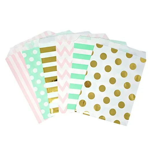48 Pink Mint and Gold Polka Dot Chevron Stripes 5x7 Paper Treat Bags Goody Favor Bags