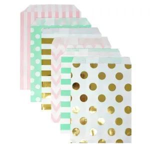 48 Pink Mint and Gold Polka Dot Chevron Stripes 5x7 Paper Treat Bags Goody Favor Bags