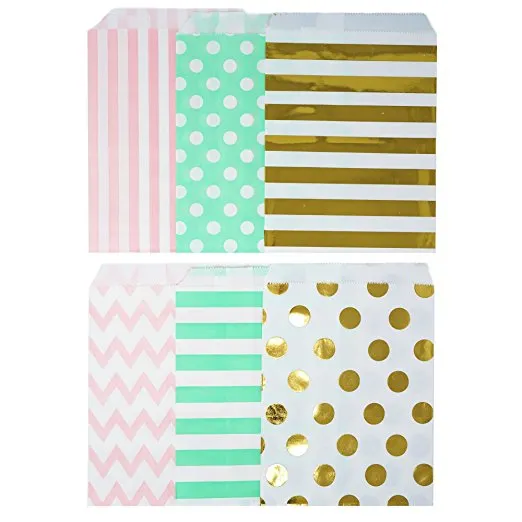48 Pink Mint and Gold Polka Dot Chevron Stripes 5x7 Paper Treat Bags Goody Favor Bags