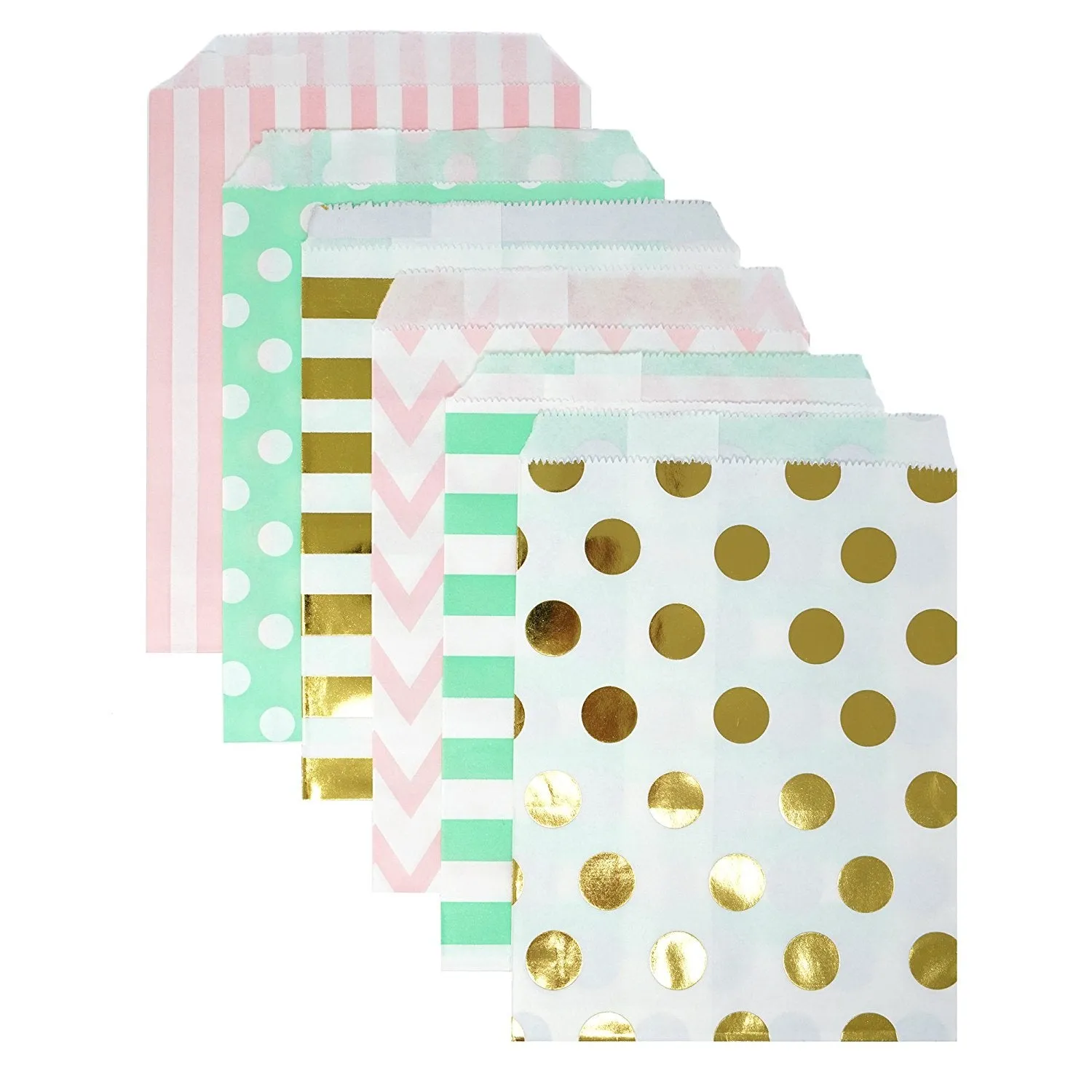 48 Pink Mint and Gold Polka Dot Chevron Stripes 5x7 Paper Treat Bags Goody Favor Bags
