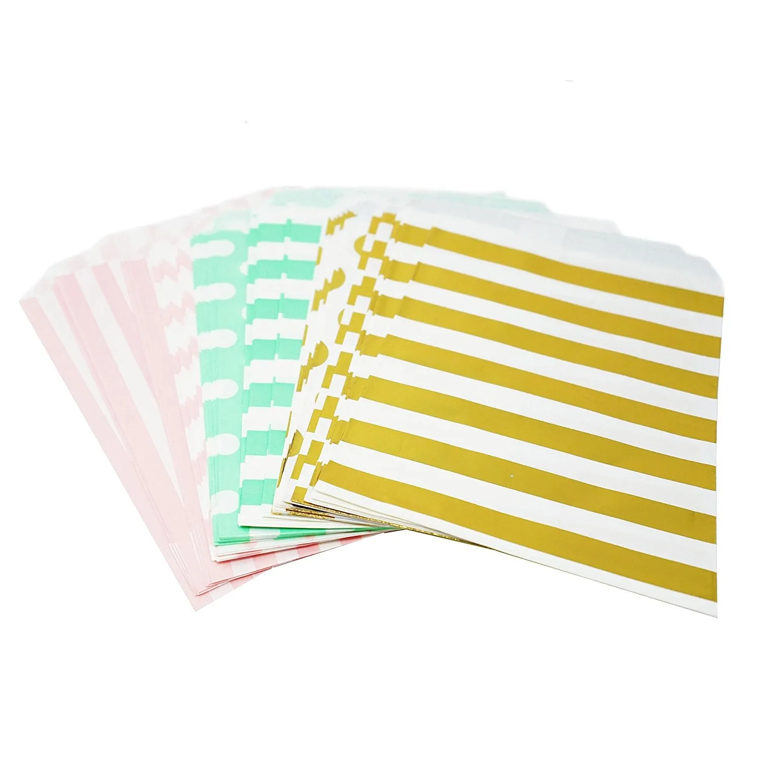 48 Pink Mint and Gold Polka Dot Chevron Stripes 5x7 Paper Treat Bags Goody Favor Bags