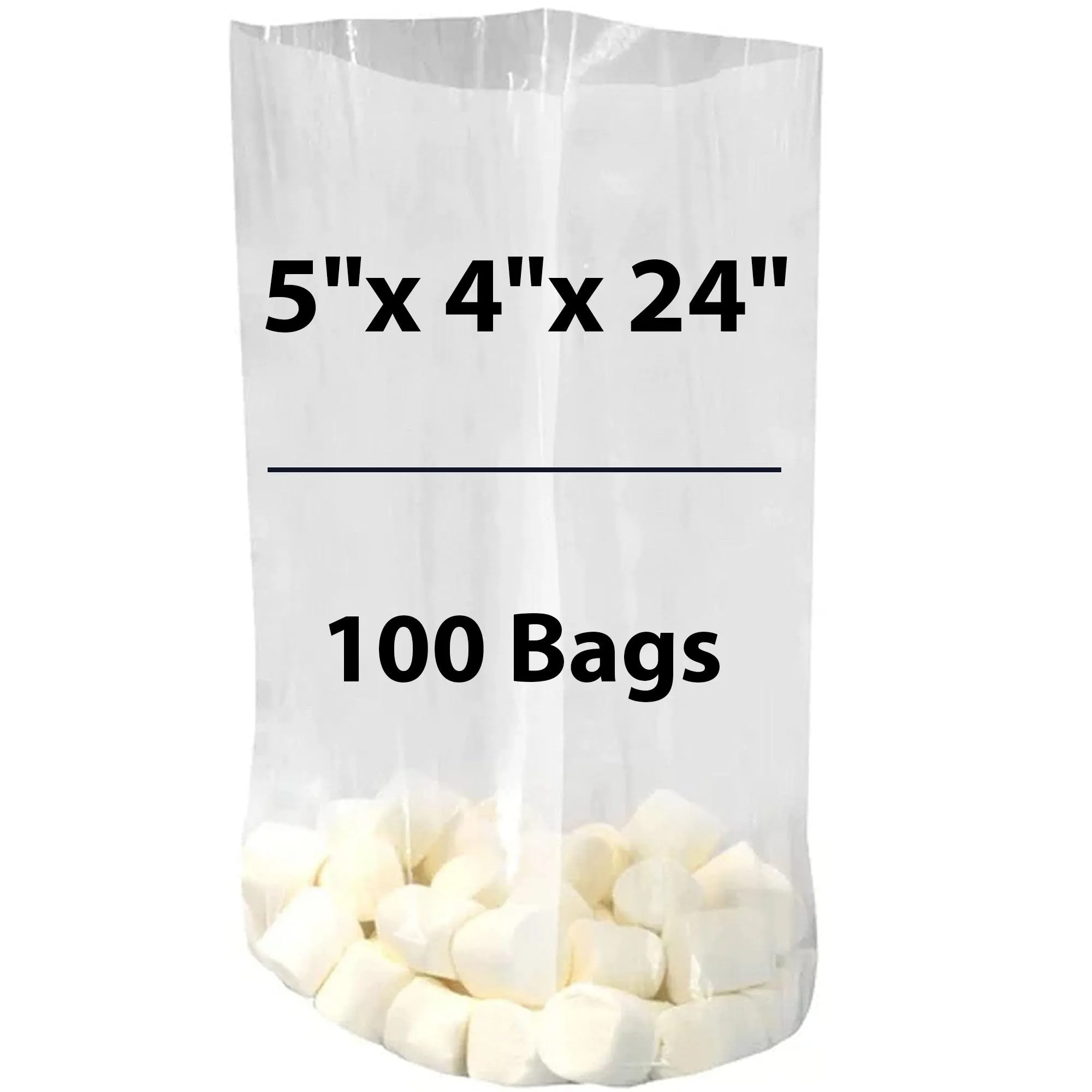 5X4X24 inches Gusseted Poly Bags Clear 1 Mil Low Density LDPE
