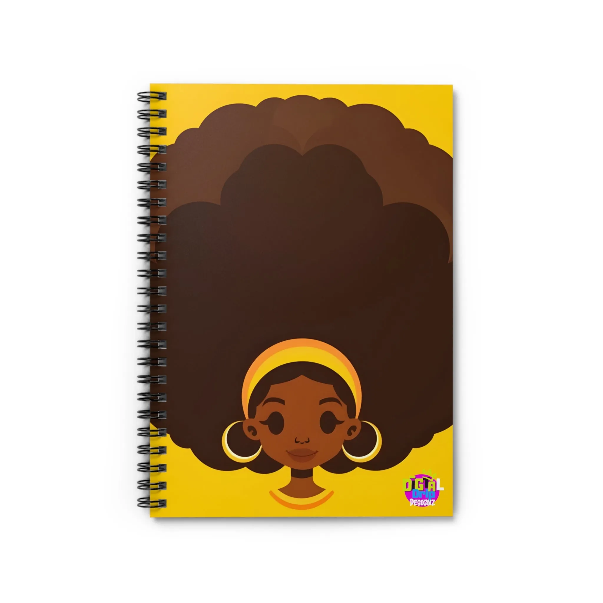 Afro Art Spiral Notebook - Vibrant Yellow Design for Creative Minds