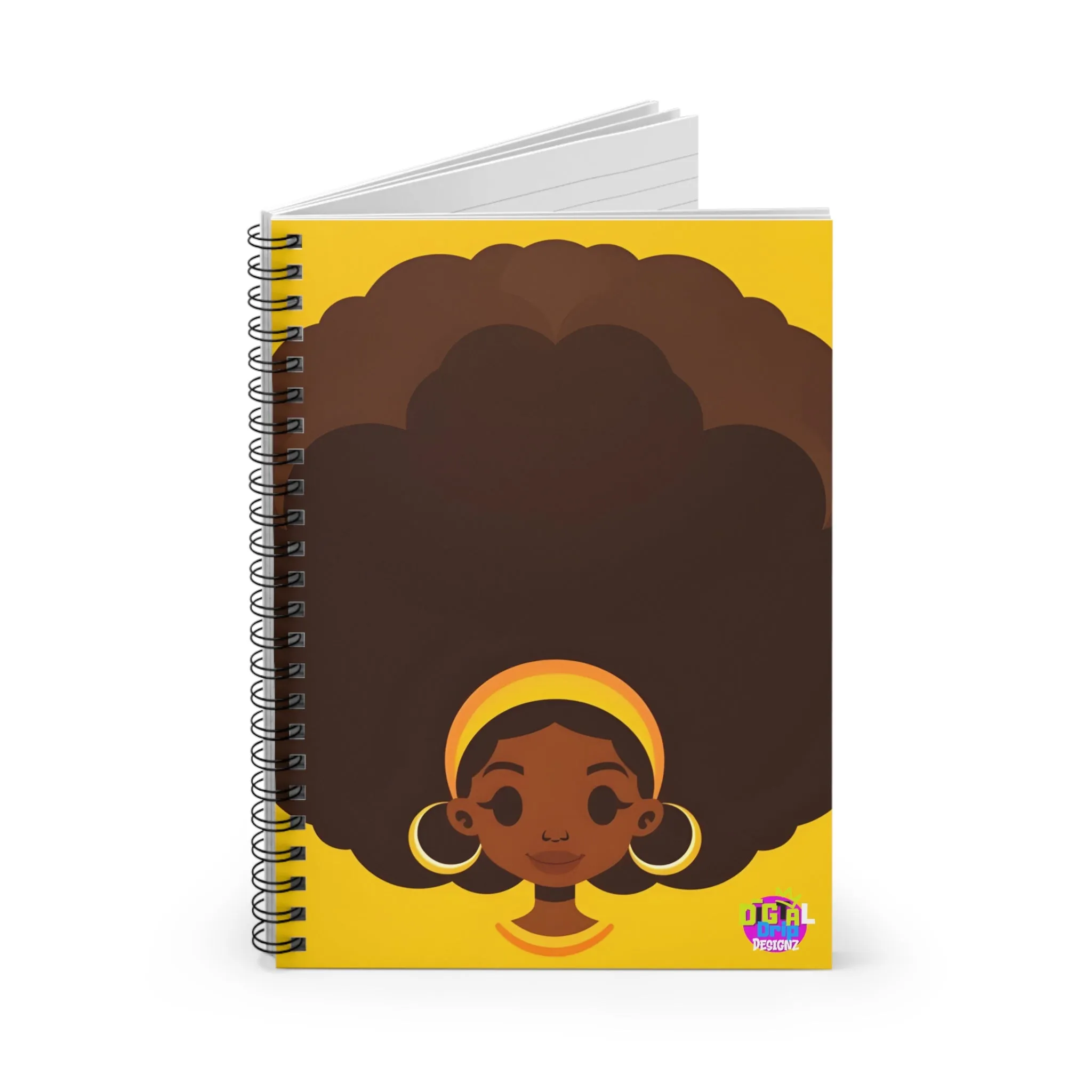 Afro Art Spiral Notebook - Vibrant Yellow Design for Creative Minds