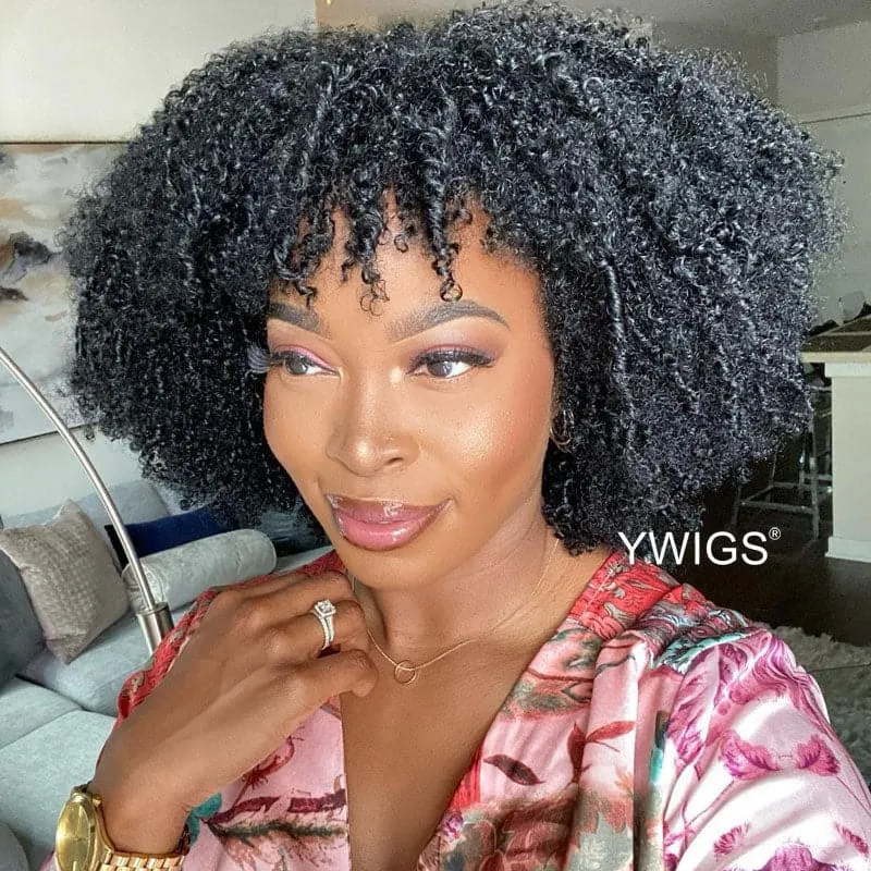 Amber Bangs Brazilian Kinky Curly 5x5 Lace Closure Bob Wig