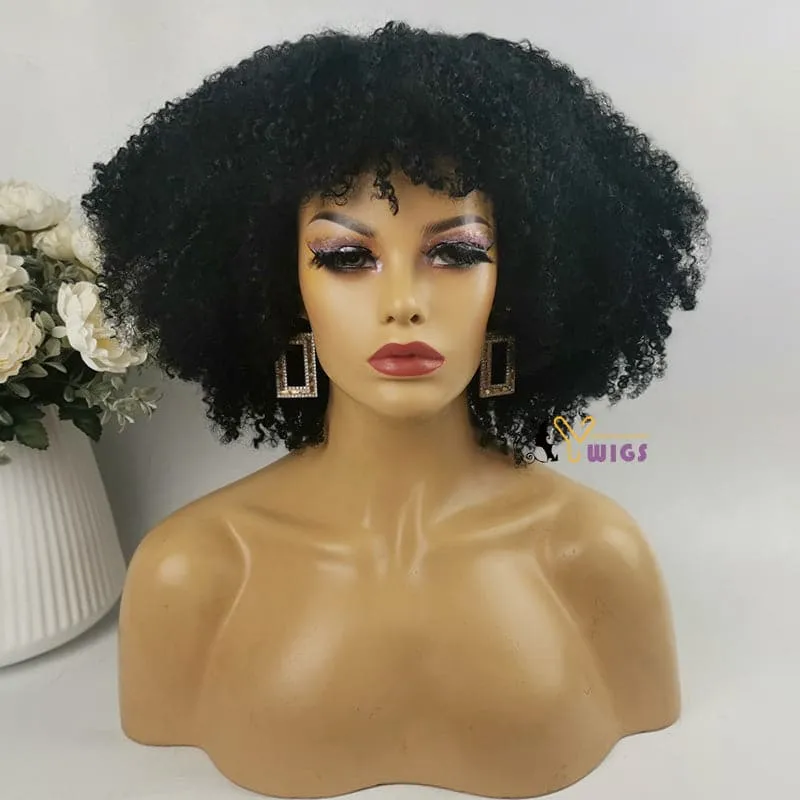 Amber Bangs Brazilian Kinky Curly 5x5 Lace Closure Bob Wig