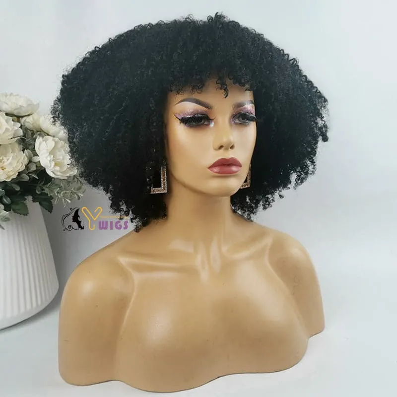 Amber Bangs Brazilian Kinky Curly 5x5 Lace Closure Bob Wig