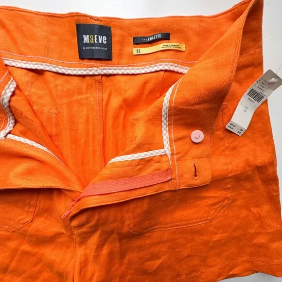 Anthropologie New Colette Shorts by Maeve Linen Edition Women’s Size 32 Orange