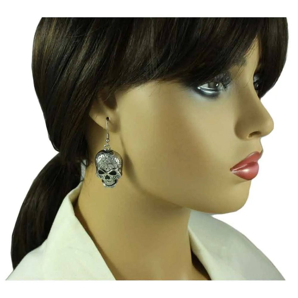 Antique Patterned Skull Dangling Pierced Earring - PF501E