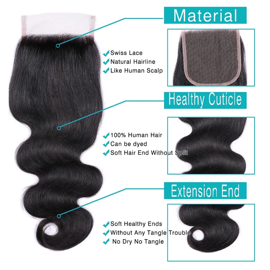 Ashimary Body Wave Hair 4x4Inchs Lace Closure Natural Color 100% Human Hair