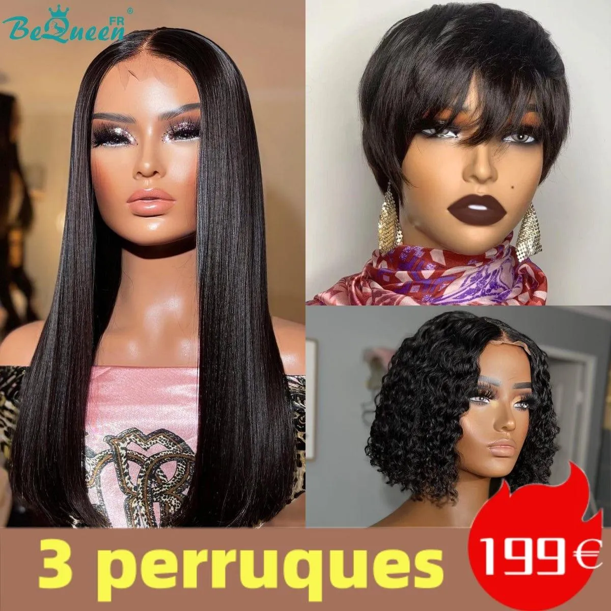 BeQueen 199€=3 perruques Perruque Lisse 18" Curly bob Lisse pixie