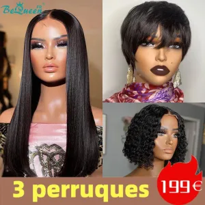 BeQueen 199€=3 perruques Perruque Lisse 18" Curly bob Lisse pixie