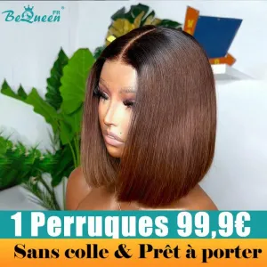 BeQueen 99,9€=1 perruques sans colle Fawne Perruque Customisée Bob Lisse Prêt à porter 4x4