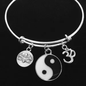 Black and White Silver Yin Yang with Lotus and Om Charm Bracelet Adjustable Expandable Silver Wire Bangle Trendy Yoga Inspired Meaningful Inspirational