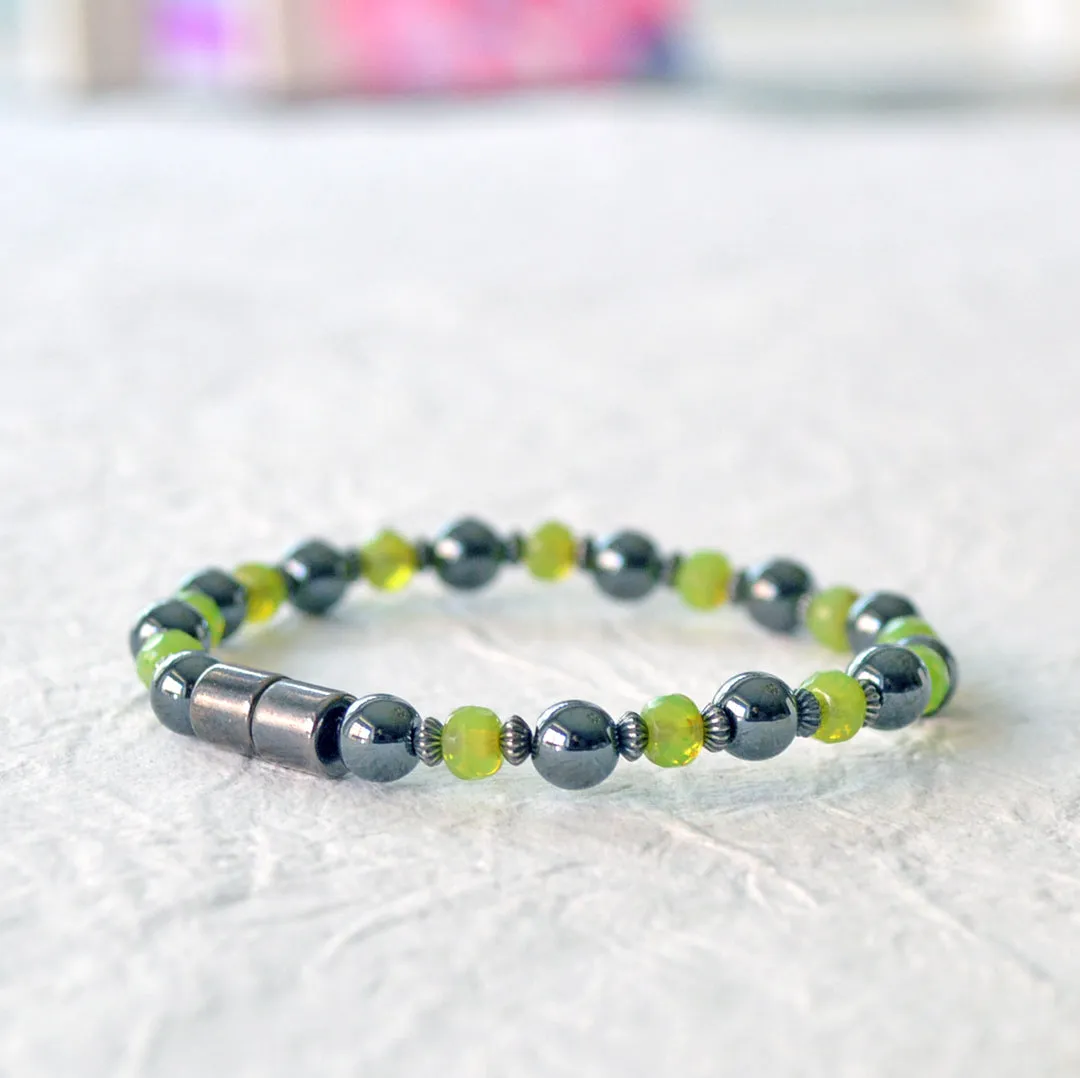 Black Hematite Bracelet & Peridot Czech Glass Magnetic Bracelet