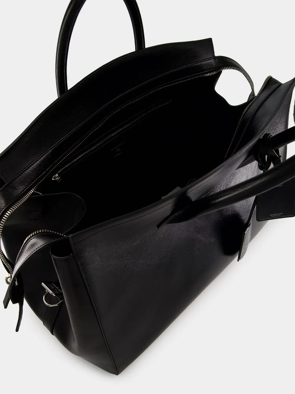 Black Leather Travel Bag with Silvery Hardware