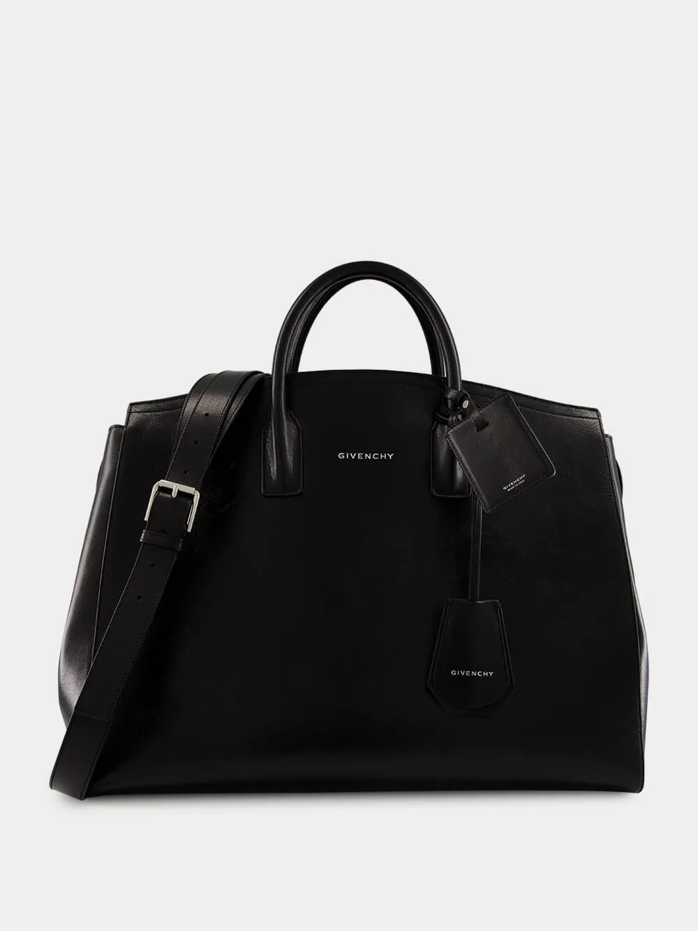 Black Leather Travel Bag with Silvery Hardware