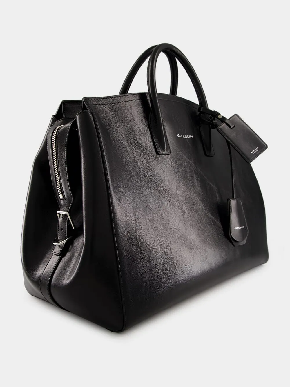 Black Leather Travel Bag with Silvery Hardware
