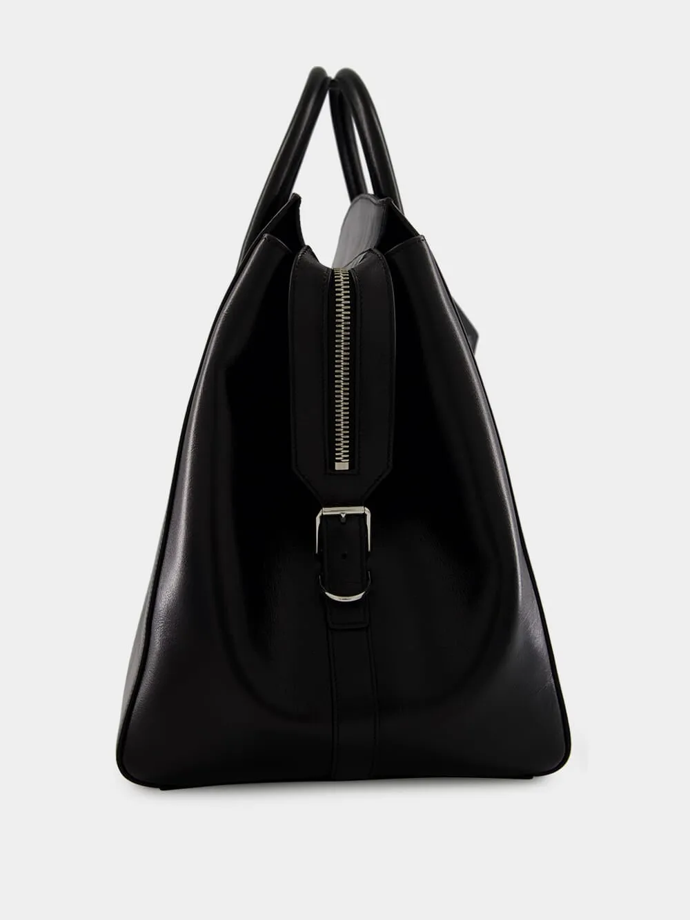 Black Leather Travel Bag with Silvery Hardware