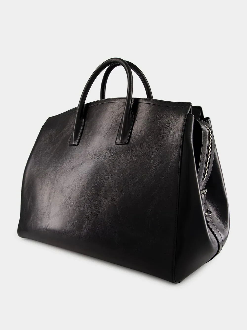 Black Leather Travel Bag with Silvery Hardware