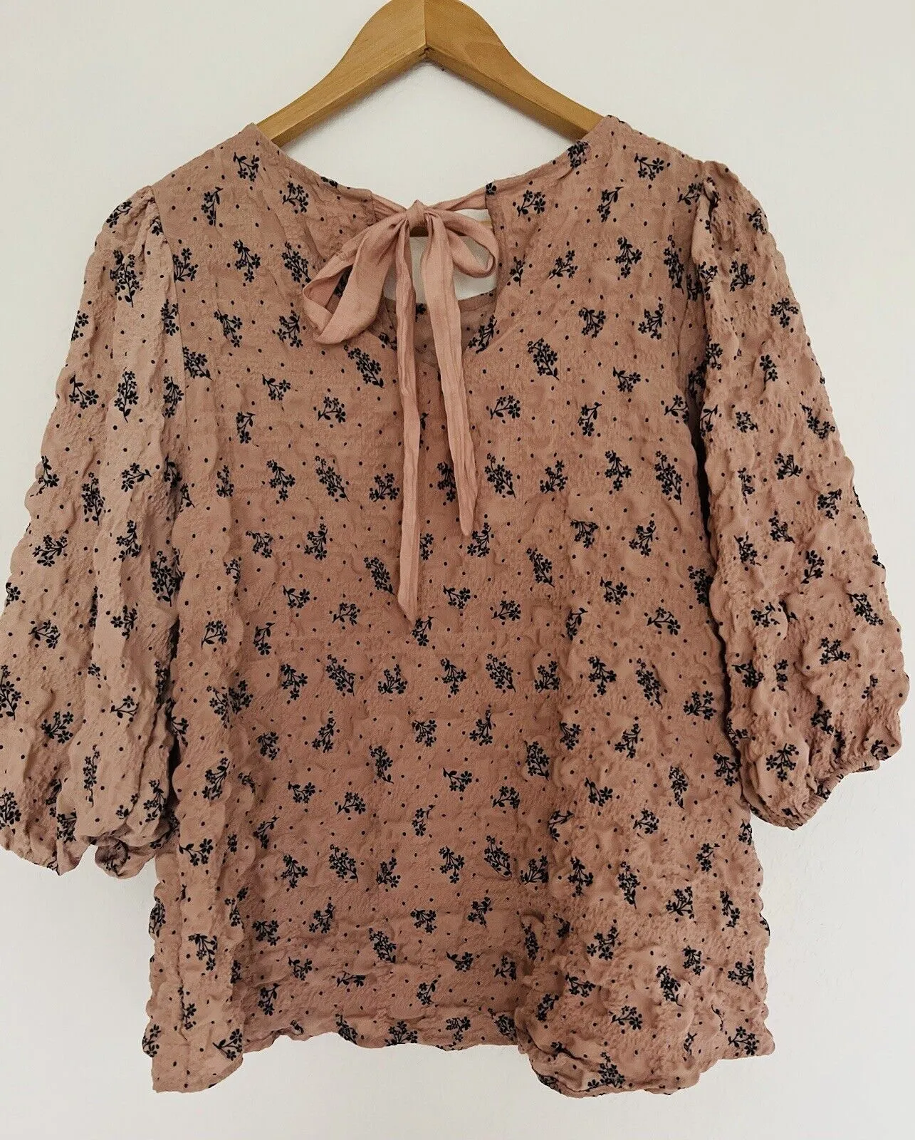 BLU PEPPER Floral Peasant Textured Top Sz S 3/4 Balloon Sleeve Pullover Boho