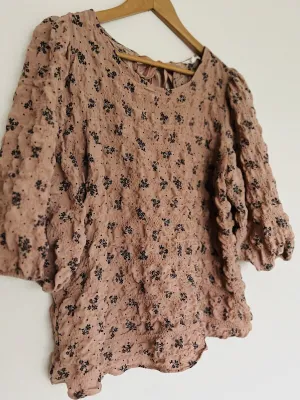 BLU PEPPER Floral Peasant Textured Top Sz S 3/4 Balloon Sleeve Pullover Boho