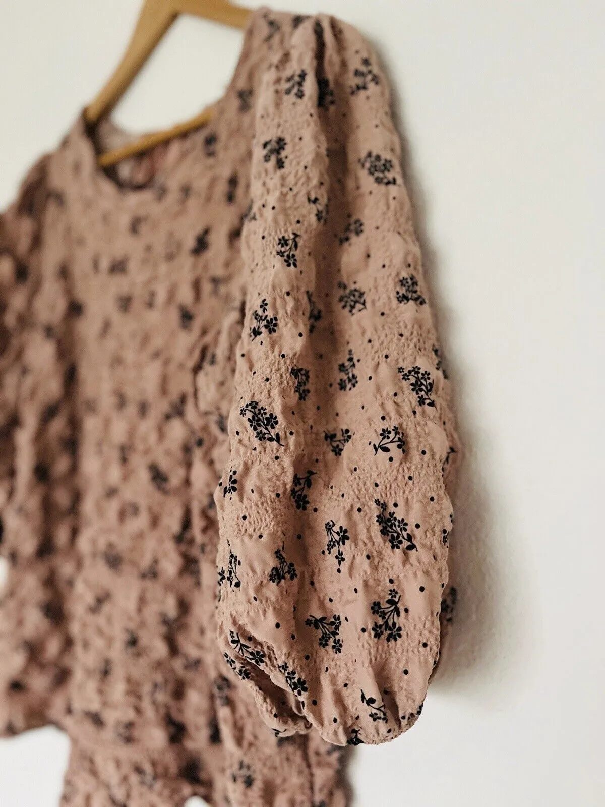 BLU PEPPER Floral Peasant Textured Top Sz S 3/4 Balloon Sleeve Pullover Boho
