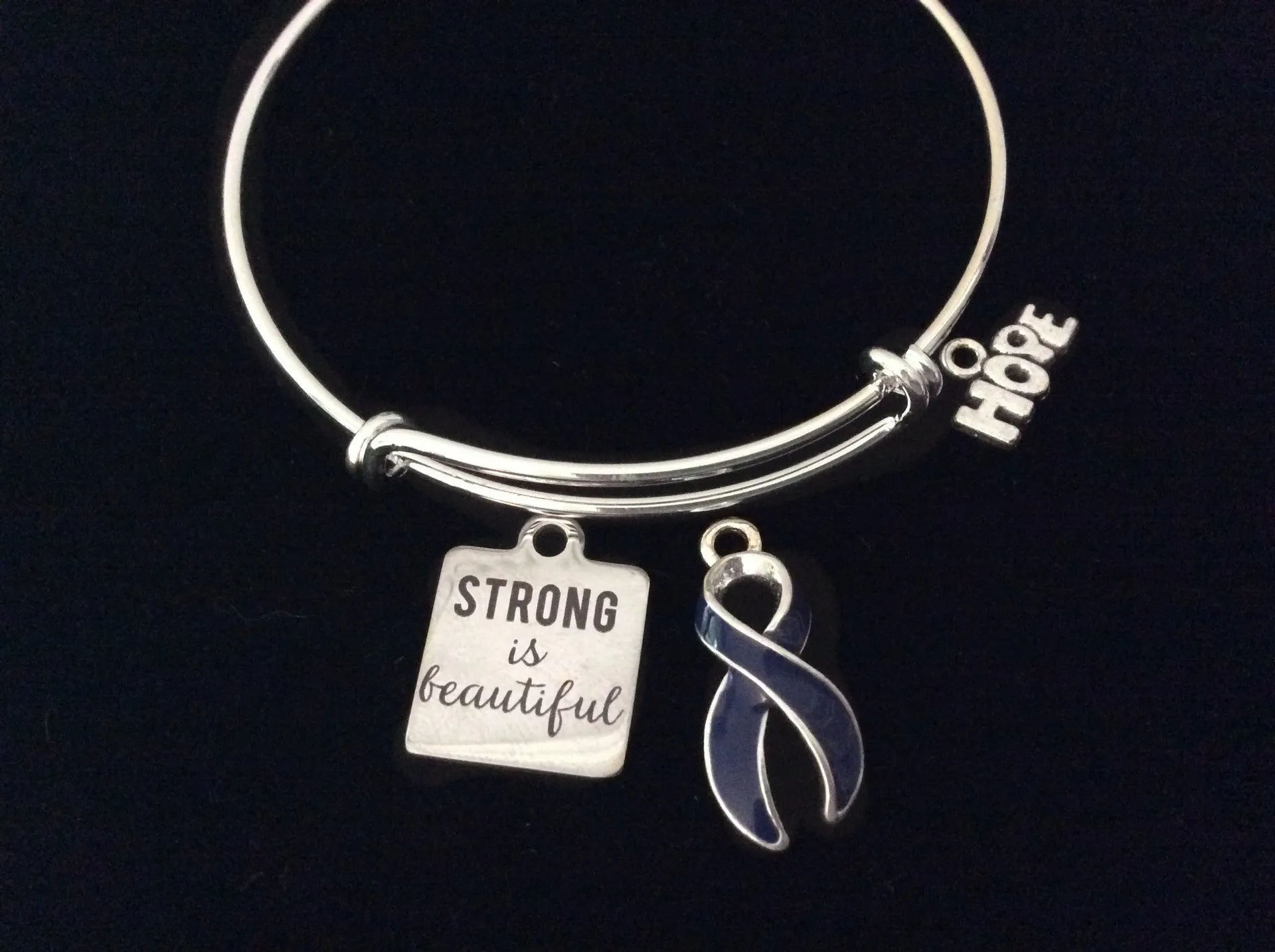 Blue Awareness Expandable Charm Bracelet Strong Is Beautiful Adjustable Bangle Gift Arthritis Colon Cancer Hope