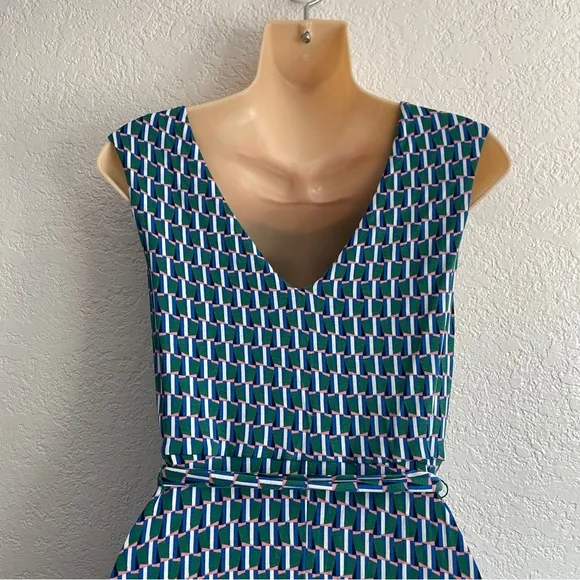 Boden Esmeralda Jersey Forest Green Geometric Facade Belt Dress 4P Cap Sleeve