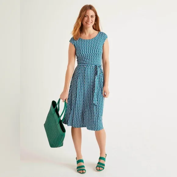 Boden Esmeralda Jersey Forest Green Geometric Facade Belt Dress 4P Cap Sleeve