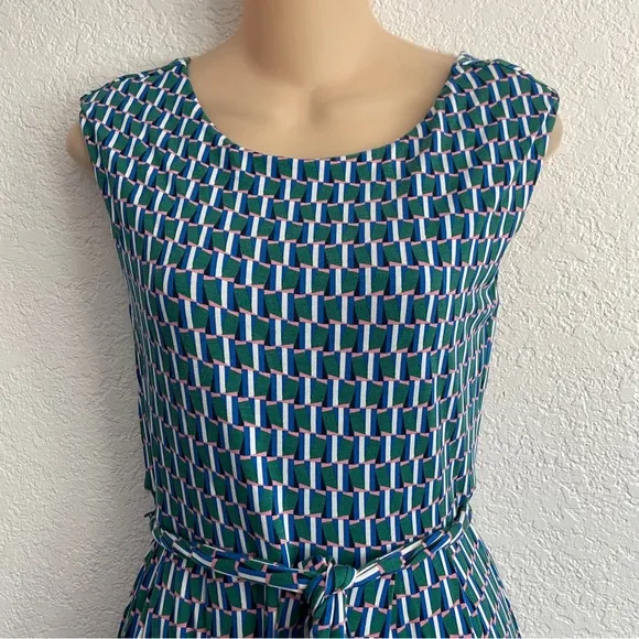 Boden Esmeralda Jersey Forest Green Geometric Facade Belt Dress 4P Cap Sleeve