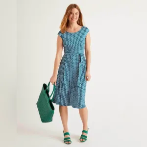 Boden Esmeralda Jersey Forest Green Geometric Facade Belt Dress 4P Cap Sleeve
