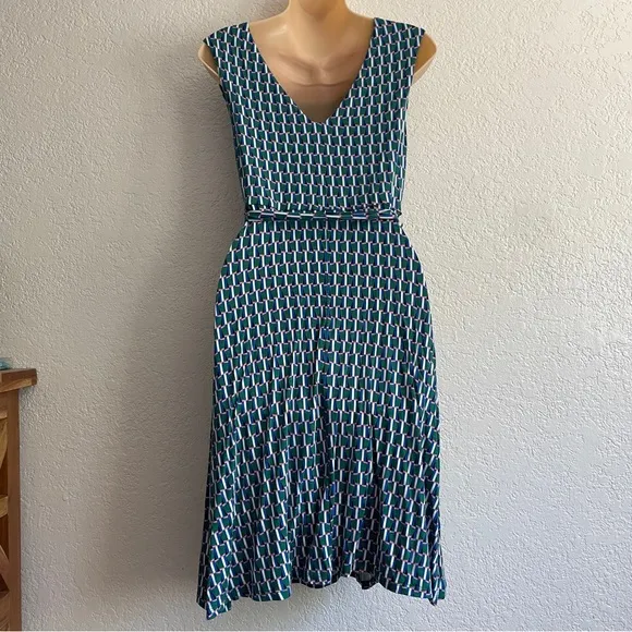 Boden Esmeralda Jersey Forest Green Geometric Facade Belt Dress 4P Cap Sleeve