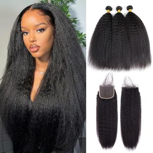 Brazilian Kinky Straight Bundles With 4×4 Closure 10A Grade 100% Human Remy Hair MYLOCKME