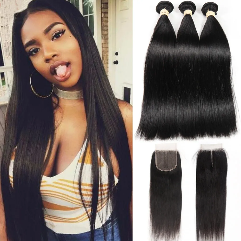 Brazilian Straight 4 Bundles With 4×4 Lace Closure 10A Grade 100% Human Remy Hair MYLOCKME