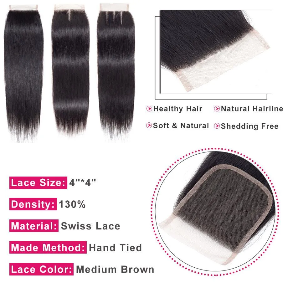 Brazilian Straight 4 Bundles With 4×4 Lace Closure 10A Grade 100% Human Remy Hair MYLOCKME