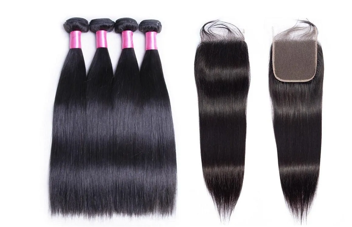 Brazilian Straight 4 Bundles With 4×4 Lace Closure 10A Grade 100% Human Remy Hair MYLOCKME