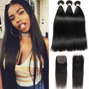 Brazilian Straight 4 Bundles With 4×4 Lace Closure 10A Grade 100% Human Remy Hair MYLOCKME