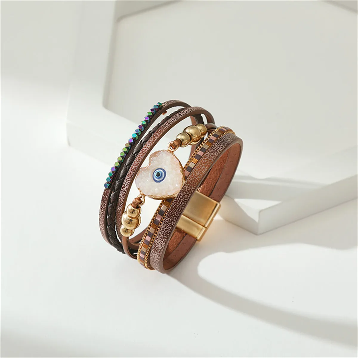 Brown Polystyrene & Resin 18K Gold-Plated Evil Eye Hear Layered Bracelet