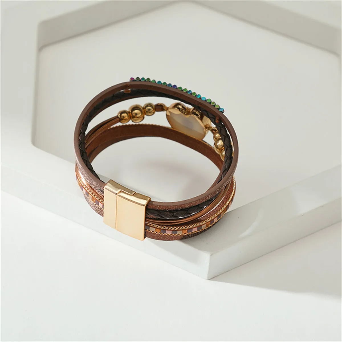 Brown Polystyrene & Resin 18K Gold-Plated Evil Eye Hear Layered Bracelet