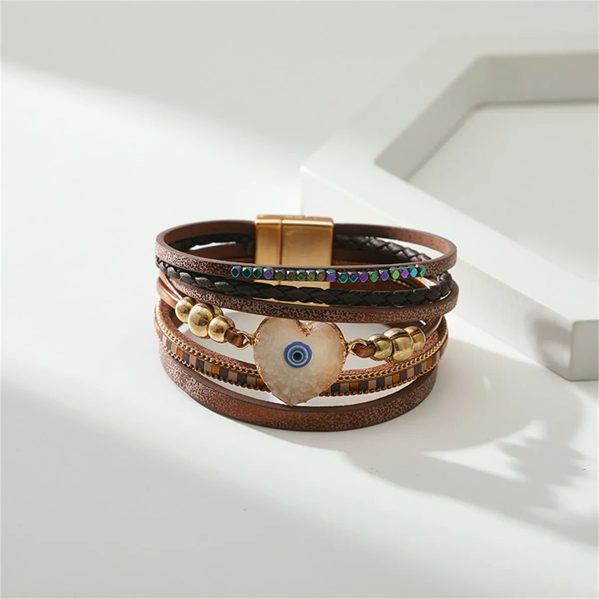 Brown Polystyrene & Resin 18K Gold-Plated Evil Eye Hear Layered Bracelet