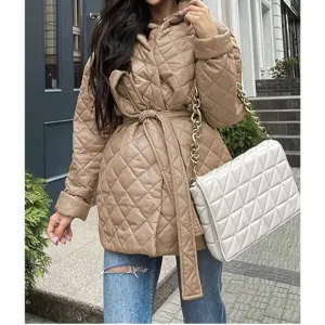 BTFBM Women Button Down Quilted Jacket Coat Winter Fashion Belted Removable Hood