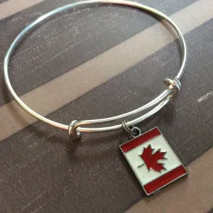 Canada Flag Charm on an Expandable Bracelet Silver Wire Adjustable Bangle Trendy Stacking Jewelry  Red and White