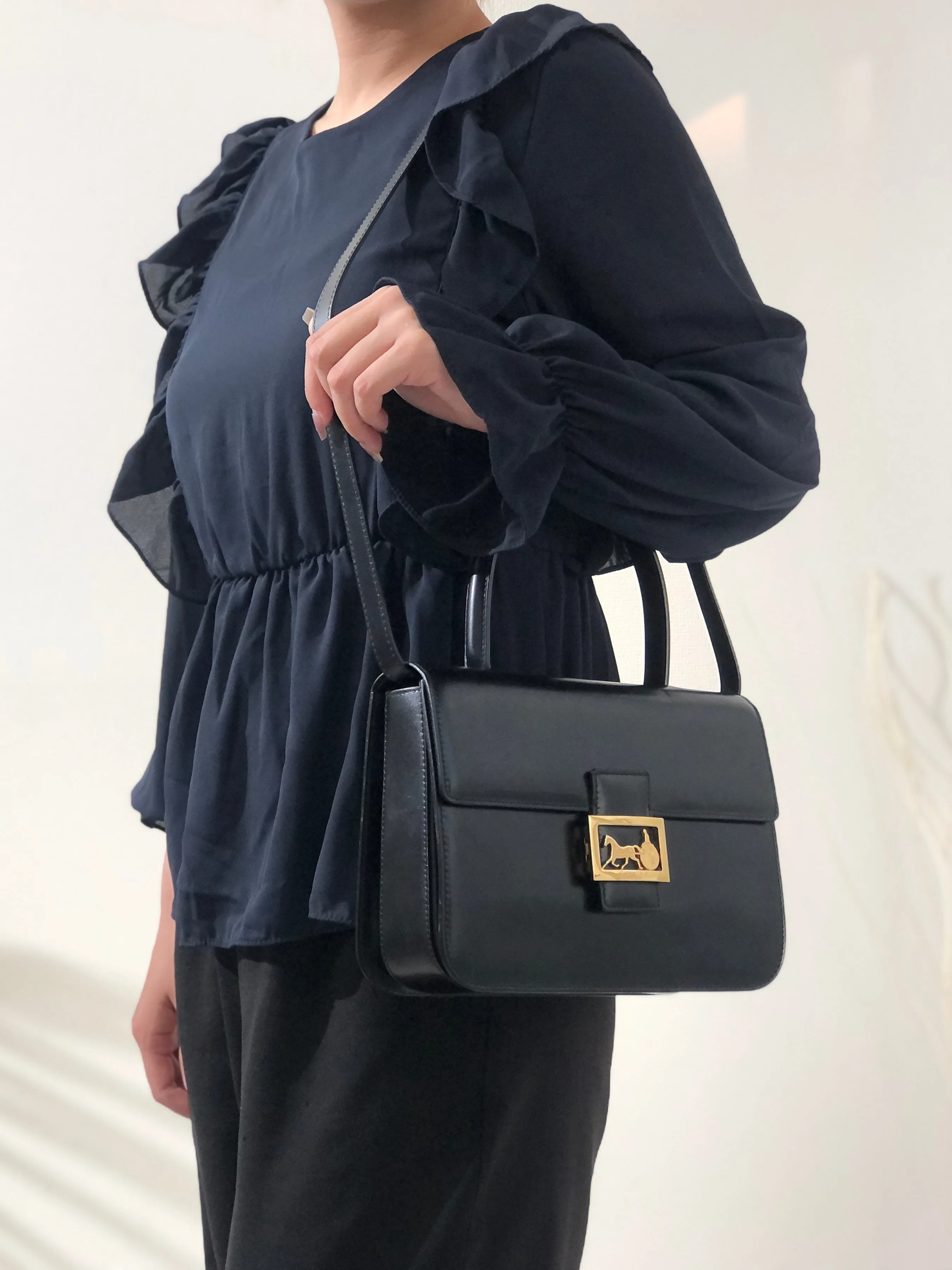 CELINE Horse Carriage Two-way Handbag Crossbody Shoulderbag Black Vintage Old CELINE amcz36
