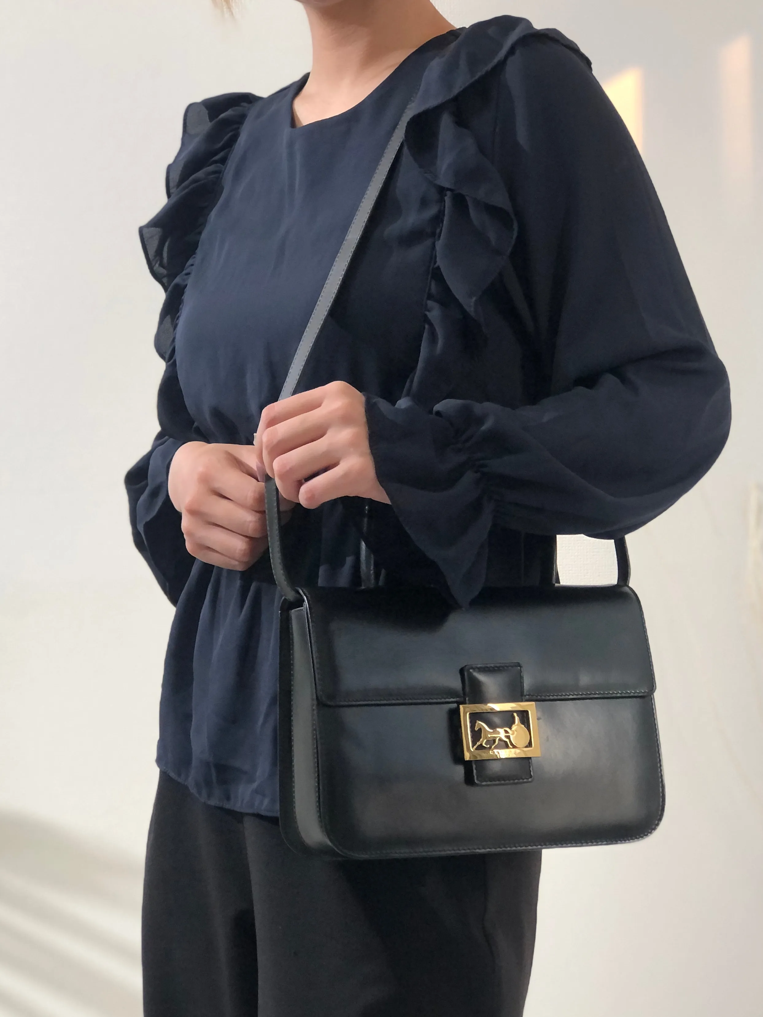 CELINE Horse Carriage Two-way Handbag Crossbody Shoulderbag Black Vintage Old CELINE amcz36