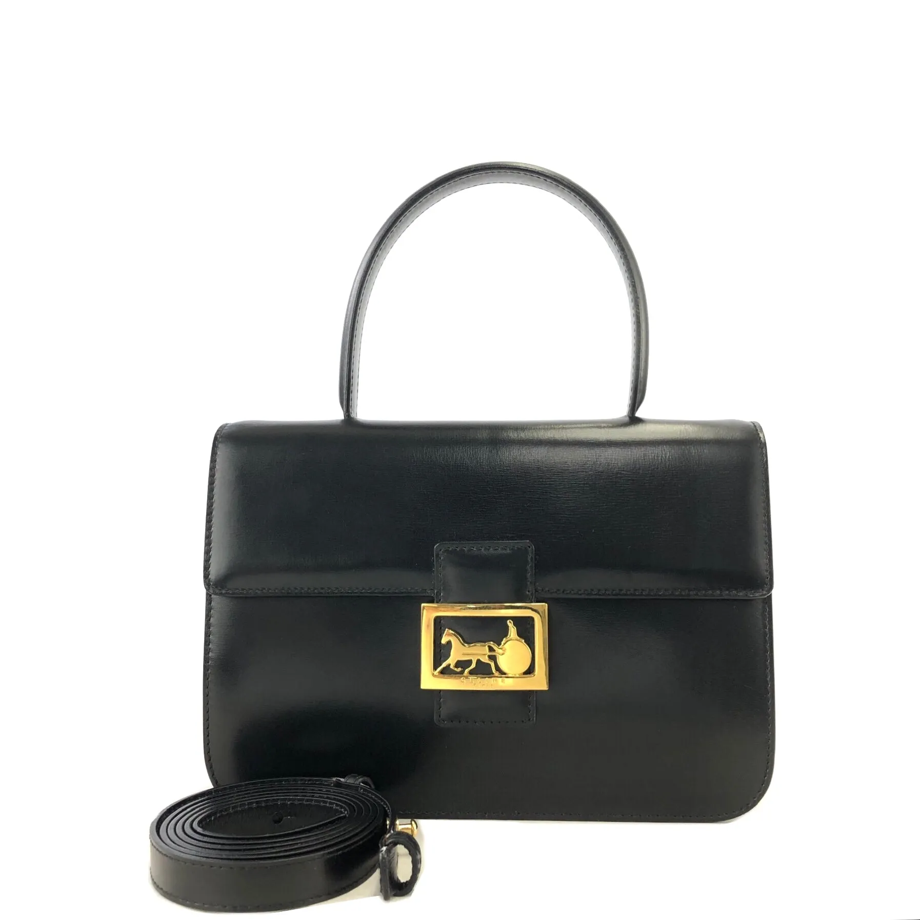 CELINE Horse Carriage Two-way Handbag Crossbody Shoulderbag Black Vintage Old CELINE amcz36