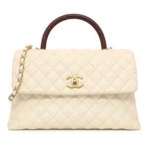 Chanel Ivory Quilted Caviar Lizard Medium Coco Handle
