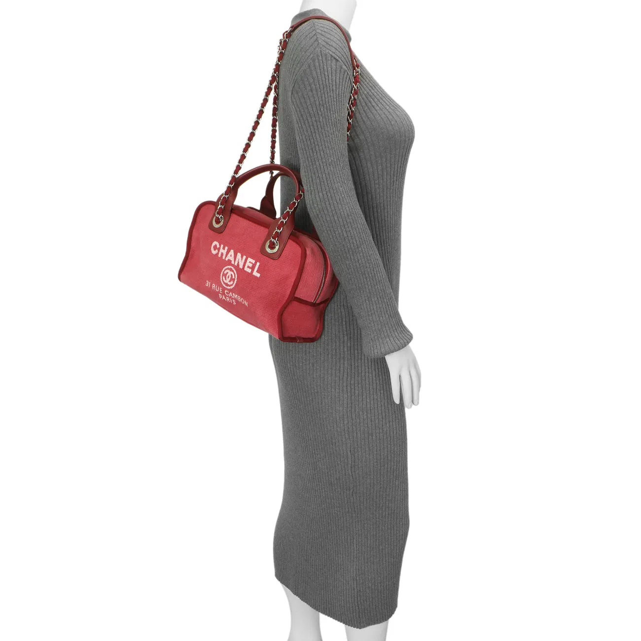 Chanel Red Canvas Deauville Bowling Bag
